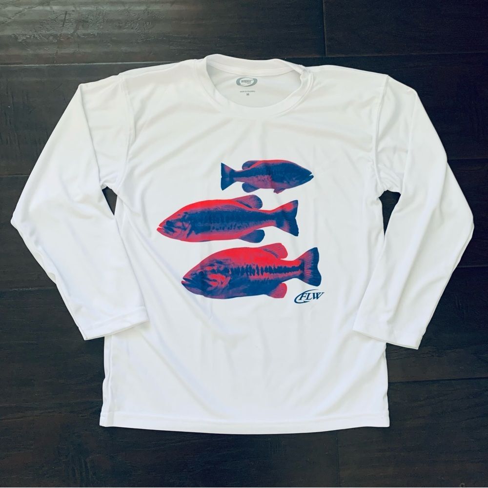 NWT Kids FLW Bass Fishing Graphic Print Long Sleeve Rashquard Swim Top | Size L